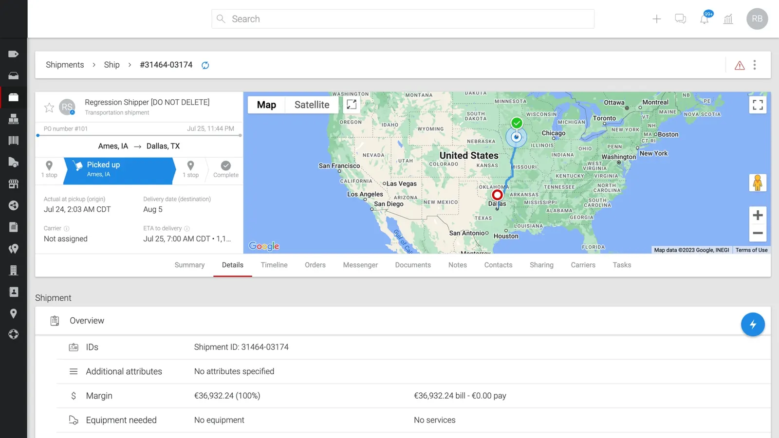 Multi-leg shipment management interface
